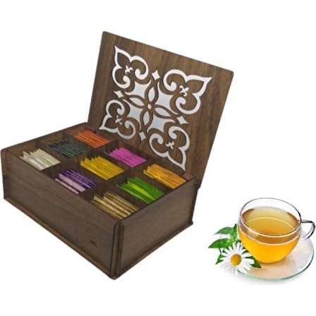 Ankaflex Ahşap Gediz Renk Çay Kutusu 9 Bölmeli Kapaklı Bitki Çayı Saklama Kabı ( Çaylar Dahil) Tea Box