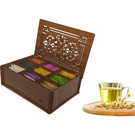 Çaylar Dahil Ahşap (Ceviz) Çay Kutusu 9 Bölmeli Kapaklı  Poşet Bitki Çayı Saklama Kabı Tea Box