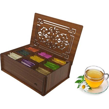 Çaylar Dahil Ahşap (Ceviz) Çay Kutusu 9 Bölmeli Kapaklı  Poşet Bitki Çayı Saklama Kabı Tea Box