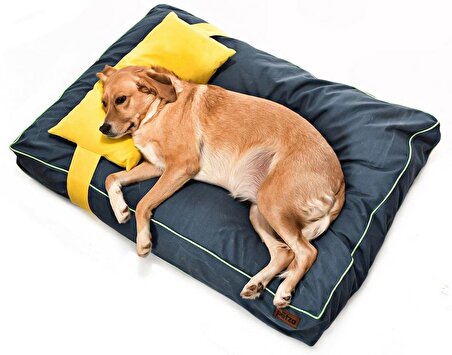 Petza Üstü Açık - Yastıklı Çift Taraflı - Fermuarlı Lacivert - Sarı Büyük - Orta Irk Köpek Yatağı