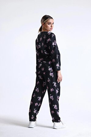 Kadın Siyah Çicek Desenli Uzun Kollu Pamuklu Pijama Takımı