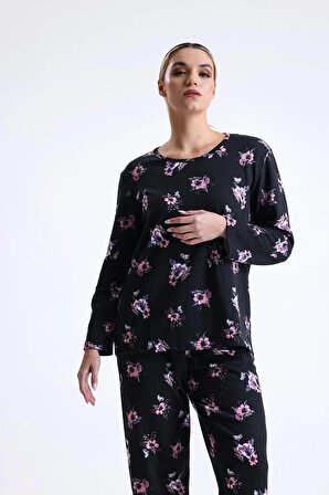 Kadın Siyah Çicek Desenli Uzun Kollu Pamuklu Pijama Takımı