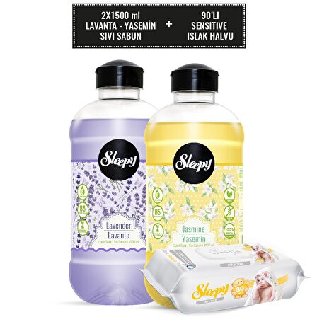 Sleepy Lavanta & Yasemin (2 Adet 1500 ml) Sıvı Sabun Seti + Sensitive Islak Havlu