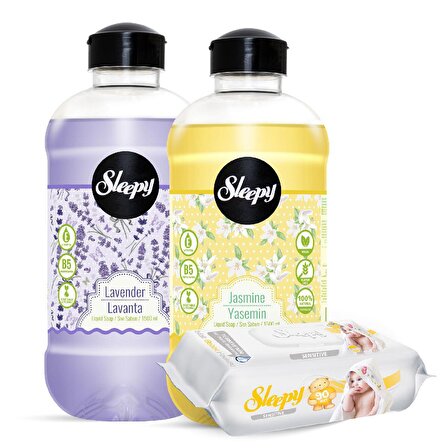 Sleepy Lavanta & Yasemin (2 Adet 1500 ml) Sıvı Sabun Seti + Sensitive Islak Havlu