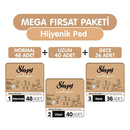 Sleepy Ecologic Premium Plus Normal Hijyenik Ped 48 Adet + Uzun 40 Adet + Gece 36 Adet