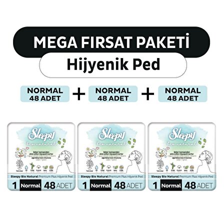 Sleepy Bio Natural Premium Plus Hijyenik Ped Mega Fırsat Paketi Normal 144 Adet