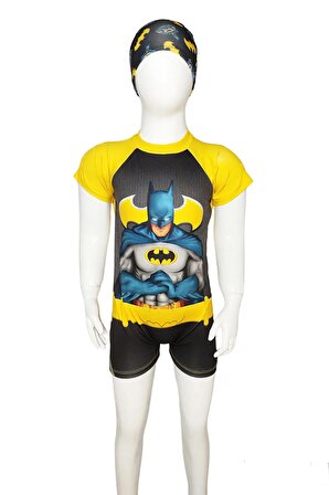 Erkek Çocuk Batman Temalı Kısa Kollu UV Korumalı Boneli Tulum Mayo