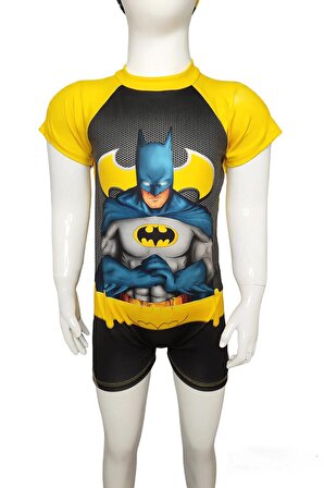 Erkek Çocuk Batman Temalı Kısa Kollu UV Korumalı Boneli Tulum Mayo