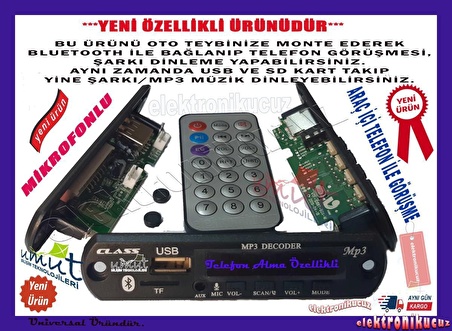 EU-01-ARAÇ İÇİ GÖRÜŞMELİ YENİ USB Lİ Bluetoothlu Oto Teyp USB/SD Çevirici Aux Kumandalı 12 VoLt  