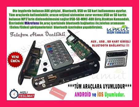 EU-01-12 Volt Araç Oto Teyp Beslemeli Dijtal MP3 Decoder Board Bluetooth Modül TF USB AUX SD Kart Mi