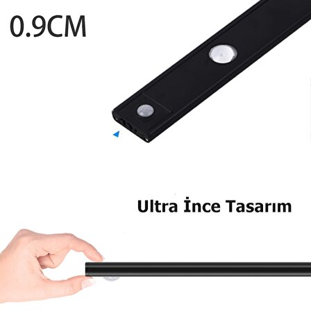Sensörlü Şarjlı Mıknatıslı 3 Farklı Işık Renkli Dimmerli 40cm Siyah Cata Bella Ultra Slim Kabin Led