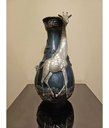 Gümüş Zürafalı Kobalt Mavi Dekoratif Vazo