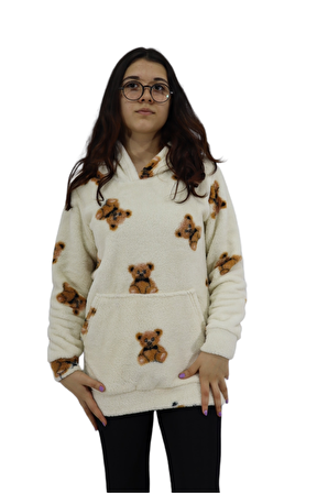ULAŞ COLLECTION Wellsoft Kapüşonlu Krem Kanguru cep Kadın Sweatshirt