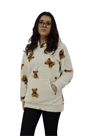 ULAŞ COLLECTION Wellsoft Kapüşonlu Krem Kanguru cep Kadın Sweatshirt