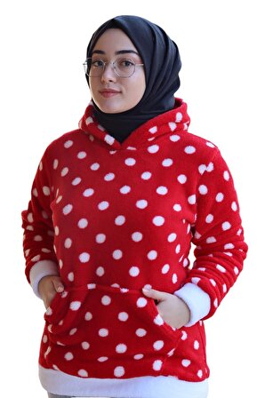 ULAŞ COLLECTION Wellsoft Kapüşonlu Kırmızı-Beyaz Puantiyeli Kanguru cep Kadın Sweatshirt