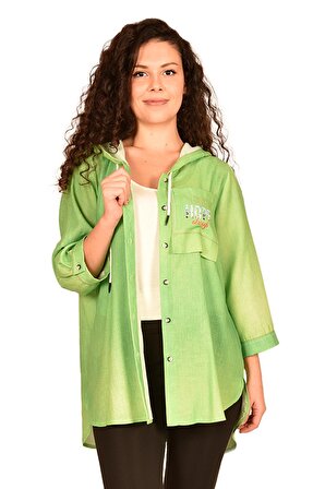 Ultimod Yeşil Kapüşonlu Cepli Kadın Gömlek ULT2152