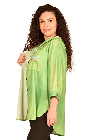 Ultimod Yeşil Kapüşonlu Cepli Kadın Gömlek ULT2152