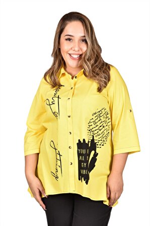 Ultimod Sarı Baskılı Büyük Beden Kadın Gömlek ULT8257