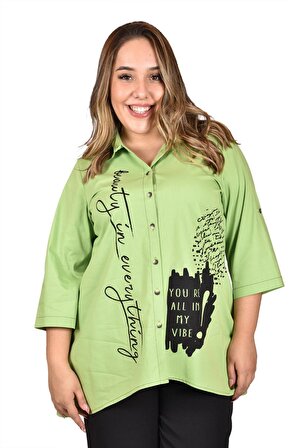 Ultimod Yeşil Baskılı Büyük Beden Kadın Gömlek ULT8257
