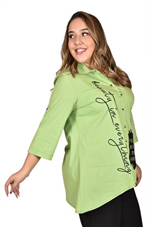 Ultimod Yeşil Baskılı Büyük Beden Kadın Gömlek ULT8257