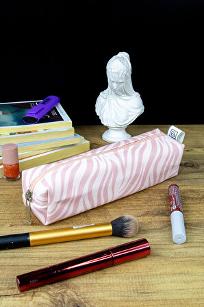 Kalem Kutusu Pastel Renk Pembe-Pembe Zebra Kare Tasarım Vegan Deri (Kalemlik ve Makyaj Çantası)