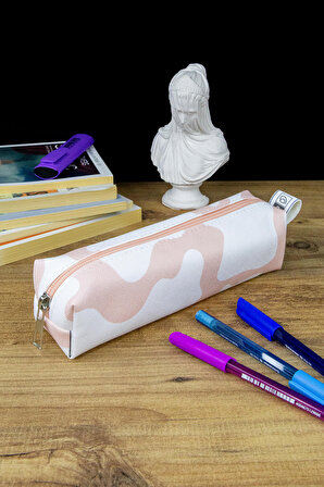 Kalem Kutusu Pastel Renk Pembe İnek Kare Tasarım Vegan Deri (Kalemlik ve Makyaj Çantası)