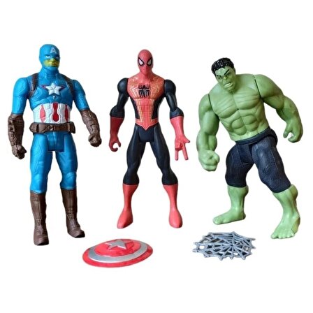 3'lü Süper Kahraman Figürleri Spiderman Hulk Captain America