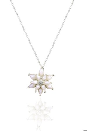 925 Ayar Gümüş Rodyum Kaplama Beyaz Mineli Lotus Çiçeği Kolye