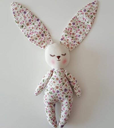 Uyku Arkadaşı Oynar Kollu - Pembe&mor Çiçek Desenli Organik Tavşan-boyu:26cm