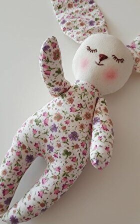 Uyku Arkadaşı Oynar Kollu - Pembe&mor Çiçek Desenli Organik Tavşan-boyu:26cm