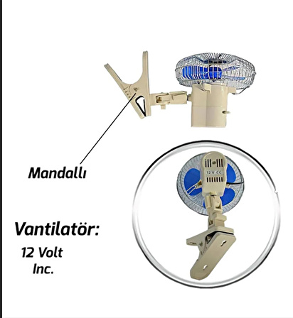 Vantilatör 8'' Mandallı 12 Volt Çakmaklık Girişli Modlu Hızlı Yavaş Devreli Döner Başlıklı