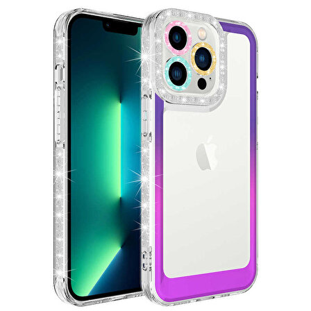 Vendas iPhone 14 Pro Uyumlu (14 Pro) Pare Serisi Simli ve Renk Geçiş Tasarımlı Lens Korumalı Kılıf