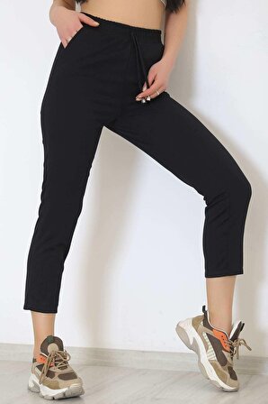 Kadın Yüksek Bel Beli Lastikli Boru Paça Rahat Kesim Aerobin Kumaş Salaş Pantolon Siyah - 9189
