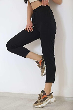 Kadın Yüksek Bel Beli Lastikli Boru Paça Rahat Kesim Aerobin Kumaş Salaş Pantolon Siyah - 9189