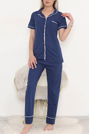 Kadın Önü Cepli Düğmeli Alt Üst Konforlu Pijama Takımı Pamuklu İkili Alt-Üst Takım Lacivert