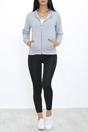 Kadın Gri Kapüşonlu 2 Cepli Örme İki İplik Fermuarlı Model Kışlık Spor & Günlük Sweat Ceket - 3001