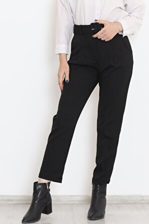 Kadın Yüksek Bel Boru Paça Kemerli Krep Kumaş Havuç Pantolon Siyah - 20318