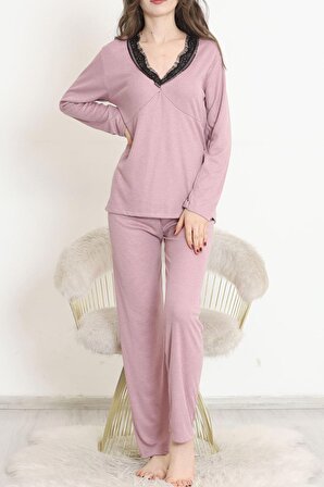 Uzun Kollu V Yaka Dantelli Konfor Modeli Yumuşak Dokulu Örme Viskon Alt Üst Pijama Takımı Lila