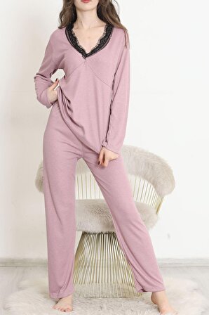 Uzun Kollu V Yaka Dantelli Konfor Modeli Yumuşak Dokulu Örme Viskon Alt Üst Pijama Takımı Lila