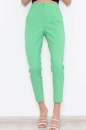 Yüksek Bel Bilek Boy Beli Pensli Duble Boru Paça Havuç Kumaş Pantolon Yeşil - 20647