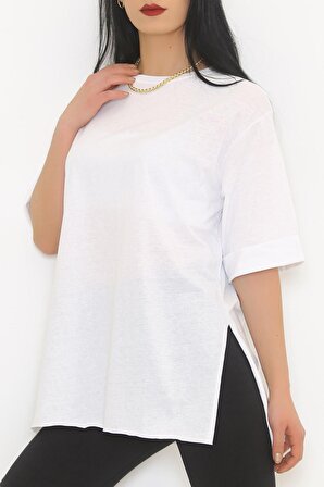 Kadın Bisiklet Yaka Salaş Kesim Yırtmaçlı Pamuklu Basic Duble Kol Oversize T-shirt Beyaz - 9611