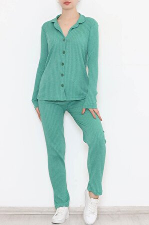 Kadın Yeşil Önü Düğmeli Polo Yaka Uzun Kollu Konforlu Viskon Fitilli Gömlek Pijama Takımı - 1192