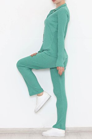 Kadın Yeşil Önü Düğmeli Polo Yaka Uzun Kollu Konforlu Viskon Fitilli Gömlek Pijama Takımı - 1192