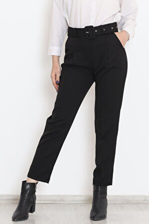 Kadın Yüksek Bel Boru Paça Kemerli Krep Kumaş Havuç Pantolon Siyah - 20318