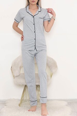 Önü Cepli Düğmeli Alt Üst Konforlu Pijama Takımı Pamuklu İkili Alt-Üst Takım Gri