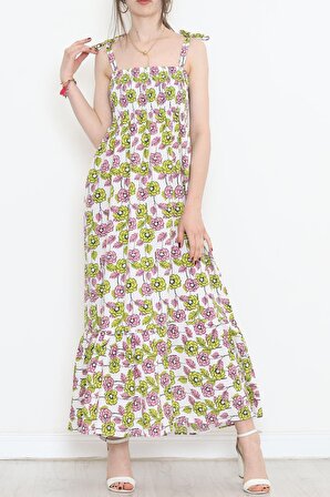 Kadın Kare Yaka İp Askılı Gipeli Askı Bağlamalı Uzun Yeşil Çiçekli Kloş Elbise Plaj Elbisesi - 9404