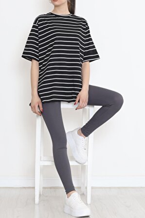 Siyah Çizgili Pamuklu Yandan Yırtmaçlı Likralı Konfor Modeli Kısa Kollu Spor Ve Günlük T-shirt