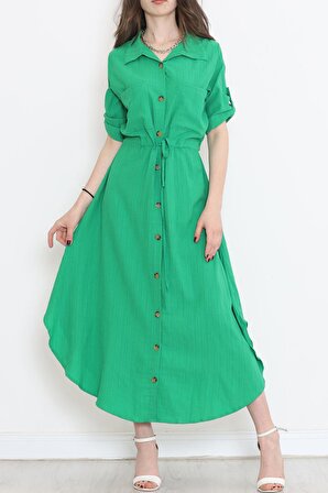 Kadın Çift Cepli Bürümcük Kumaş Beli Büzgülü Rahat Kesim Beli Kuşaklı Gömlek Elbise Yeşil - 1523