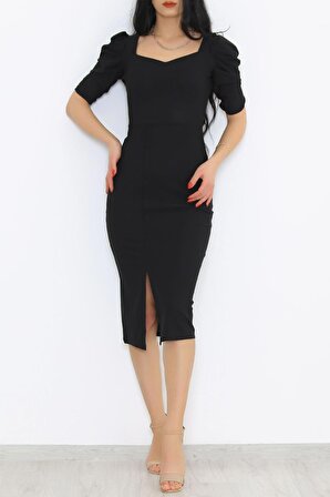 Kadın Midi Boy Yırtmaçlı Kol Detaylı Kare Yaka Siyah Elbise Abiye Gece Elbisesi - 5241
