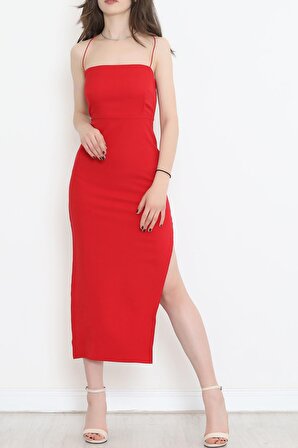Kadın Kare Yaka İnce İp Askılı Uzun Yırtmaçlı Kalem Elbise Kırmızı Maxi Abiye Gece Elbisesi - 4302